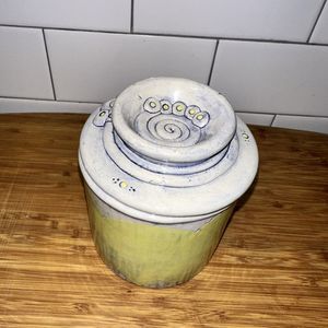 Ceramic Pottery French Butter Bell Keeper Crock White, Yellow & Blue